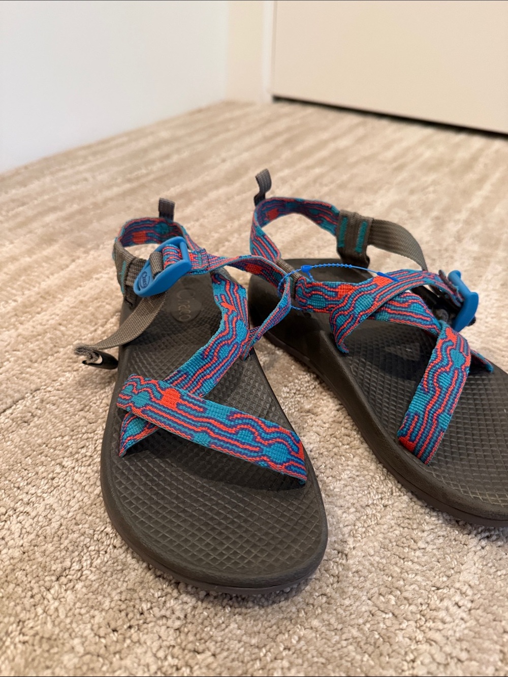 Chaco Kids Sandals Blue with Red and Pink Pattern